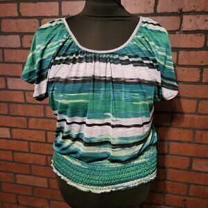 Lavish Tops with Smocked elastic waist band Green/White/Black Strips. Size LG